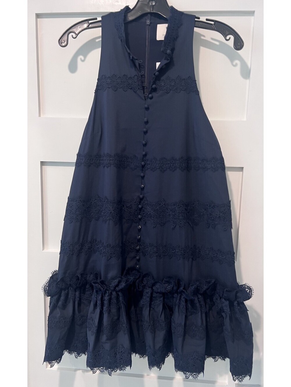 $445 Cinq à Sept Women's Blue Tiered Lace High Neck Button-Front Malena Dress 4 - Picture 2 of 16